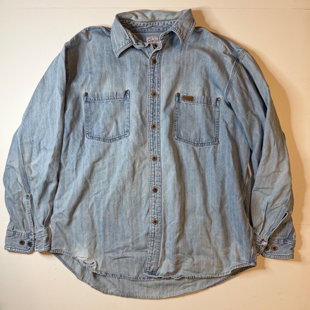 Vtg Carhartt Mens XL Denim Shirt Long Sleeve Light Wash Distressed Workwear